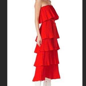 ESSENTIEL ANTWERP Valentina red orange tiered strapless ruffle maxi dress